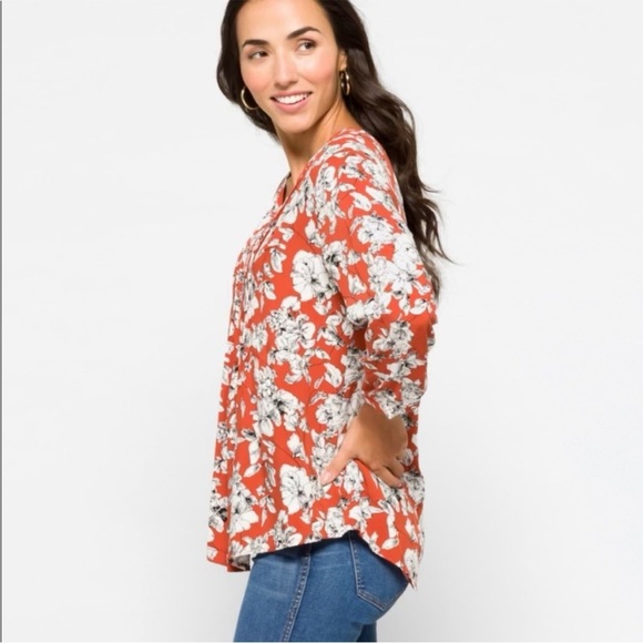 Orange Relaxed Pleated Blouse with Three-Quarter Sleeves -‎ XS / S - Picture 4 of 12